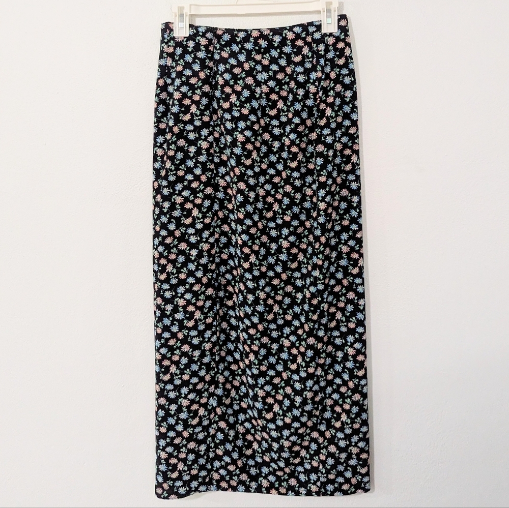 Vintage Floral Print Midi Skirt High Waisted Size Zipper Black Blue Pink Small S